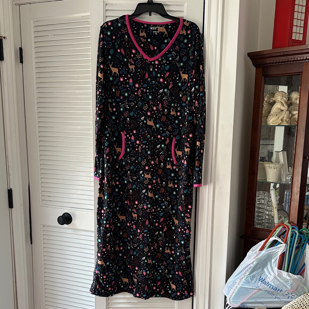 Comfort Code Black Nightgown with Pink Trim and Animal Print